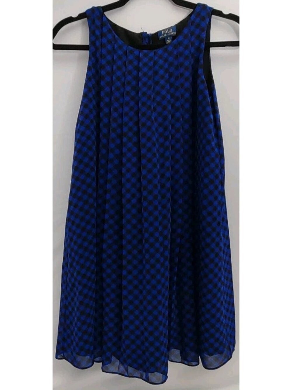 Polo Ralph Lauren Dress Girls Sleeveless A-Line Pleated Check Chiffon Blue Sz 12